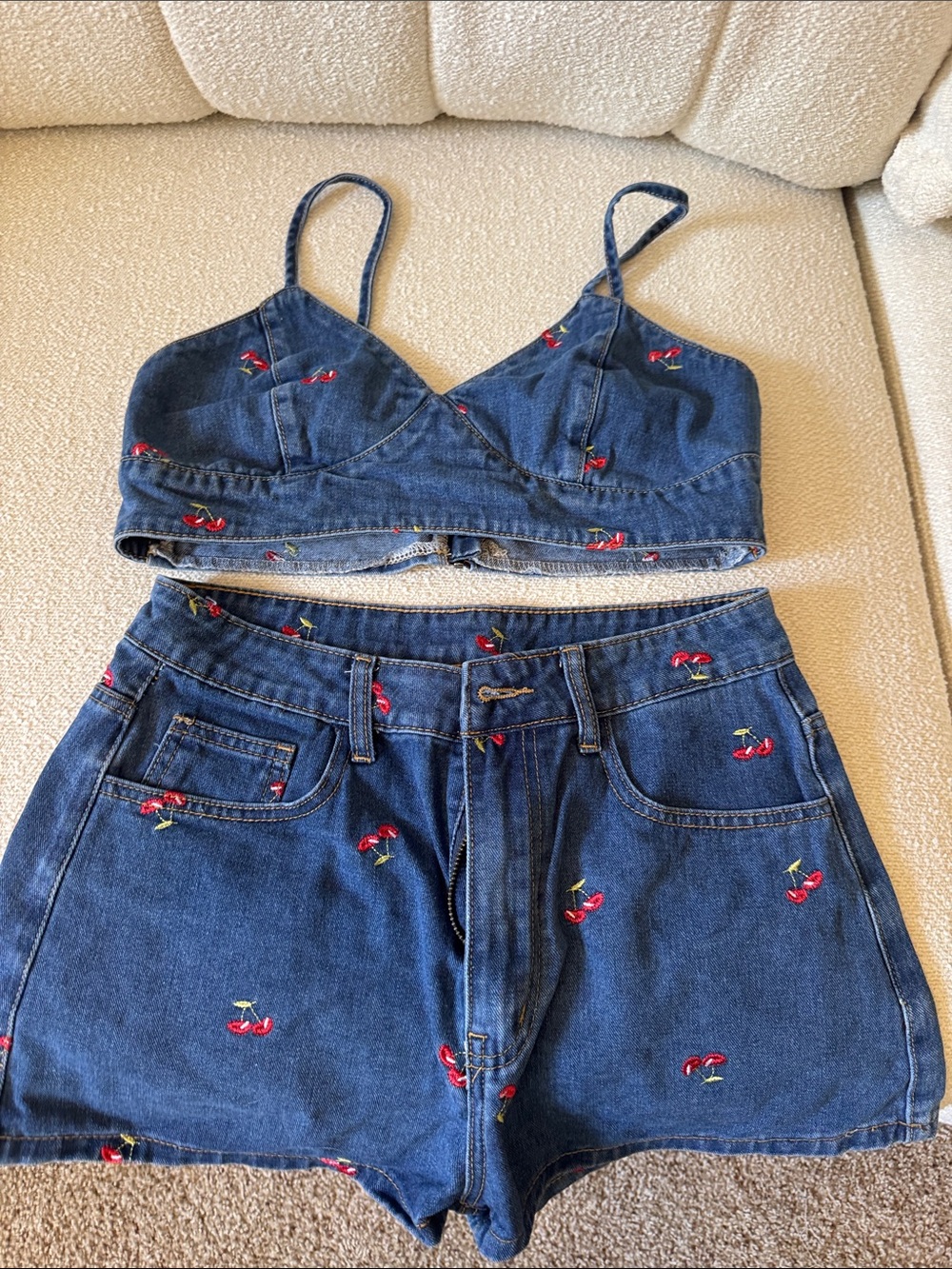 Blue Denim two piece shorts and crop top with Contrast Stitching